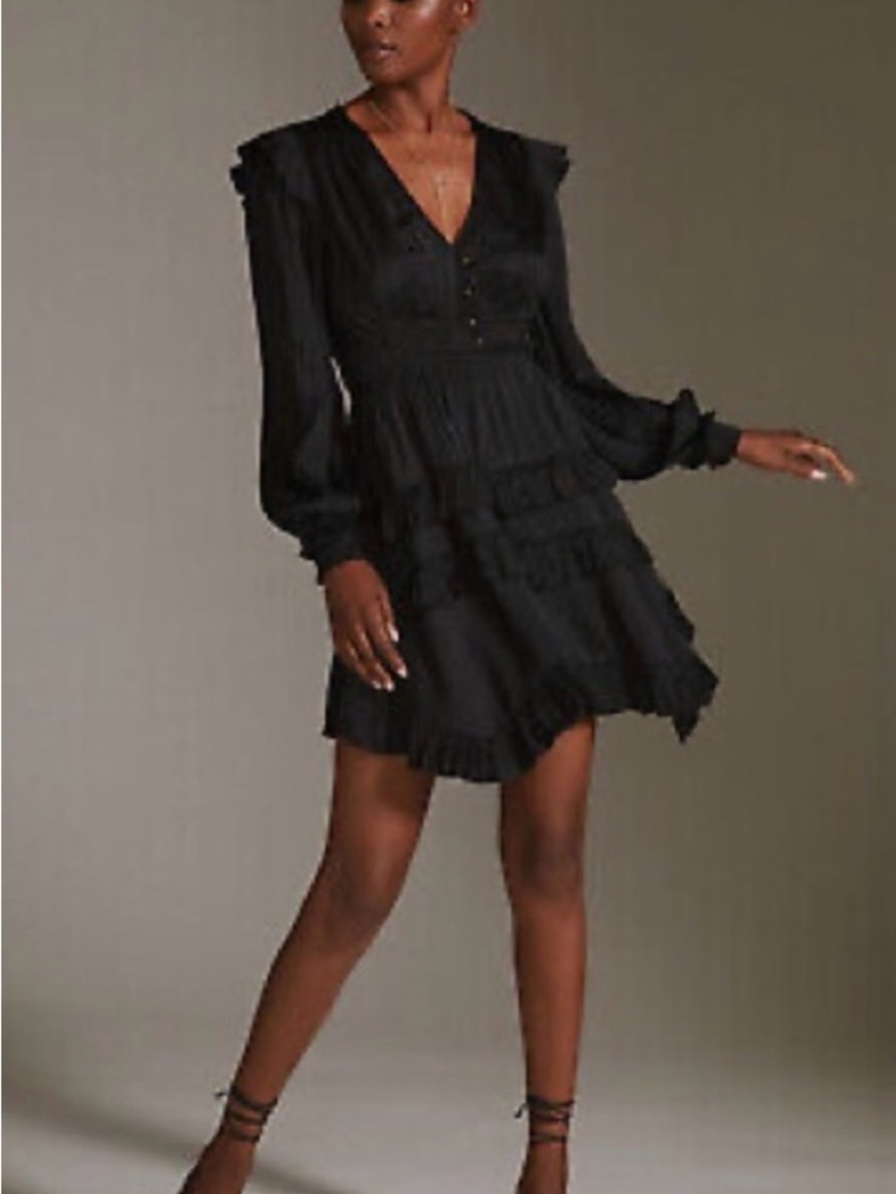Satin Black Long-Sleeve V-Neck Tiered Mini Dress